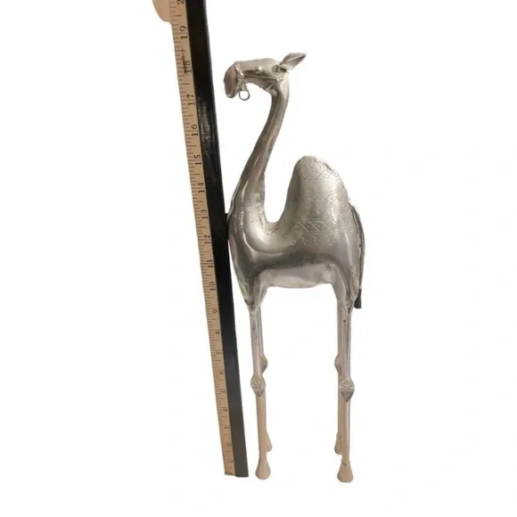 Vintage Silver Metal Camel Figurine | Handcrafted Etched Tall Camel Sculpture - Picture 11 of 13